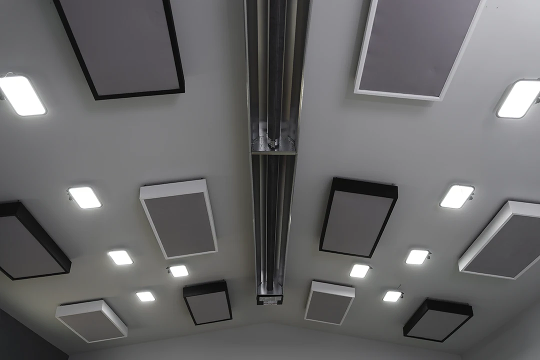 acoustic panels hanging from ceiling of photography studio