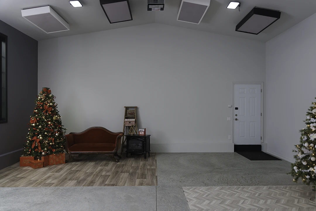 Christmas scene and client entrance at studio 342 - Photography studio for rent in Calgary
