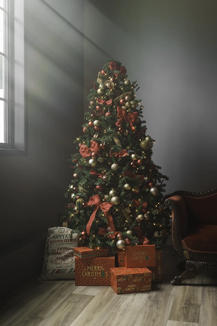 red themed Christmas tree presents
