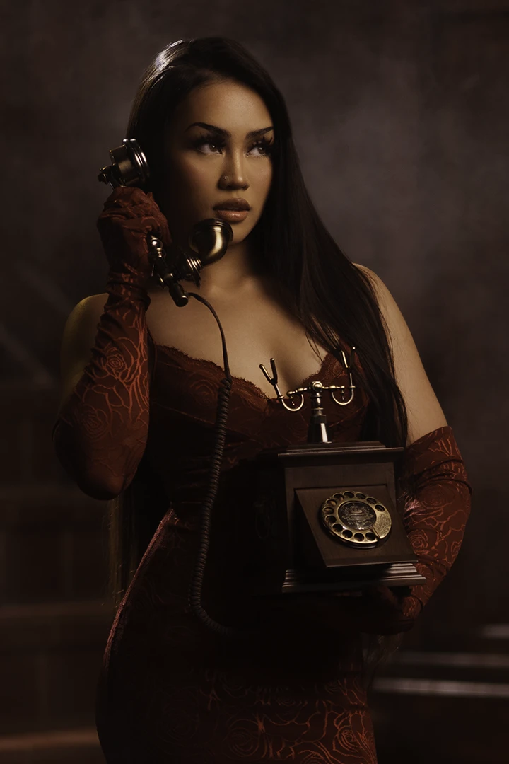 young woman with old school phone - grad photo studio