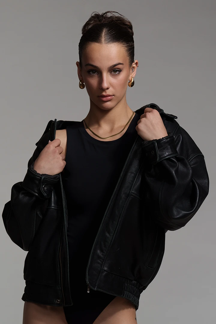 model with leather jacket at photo studio 342
